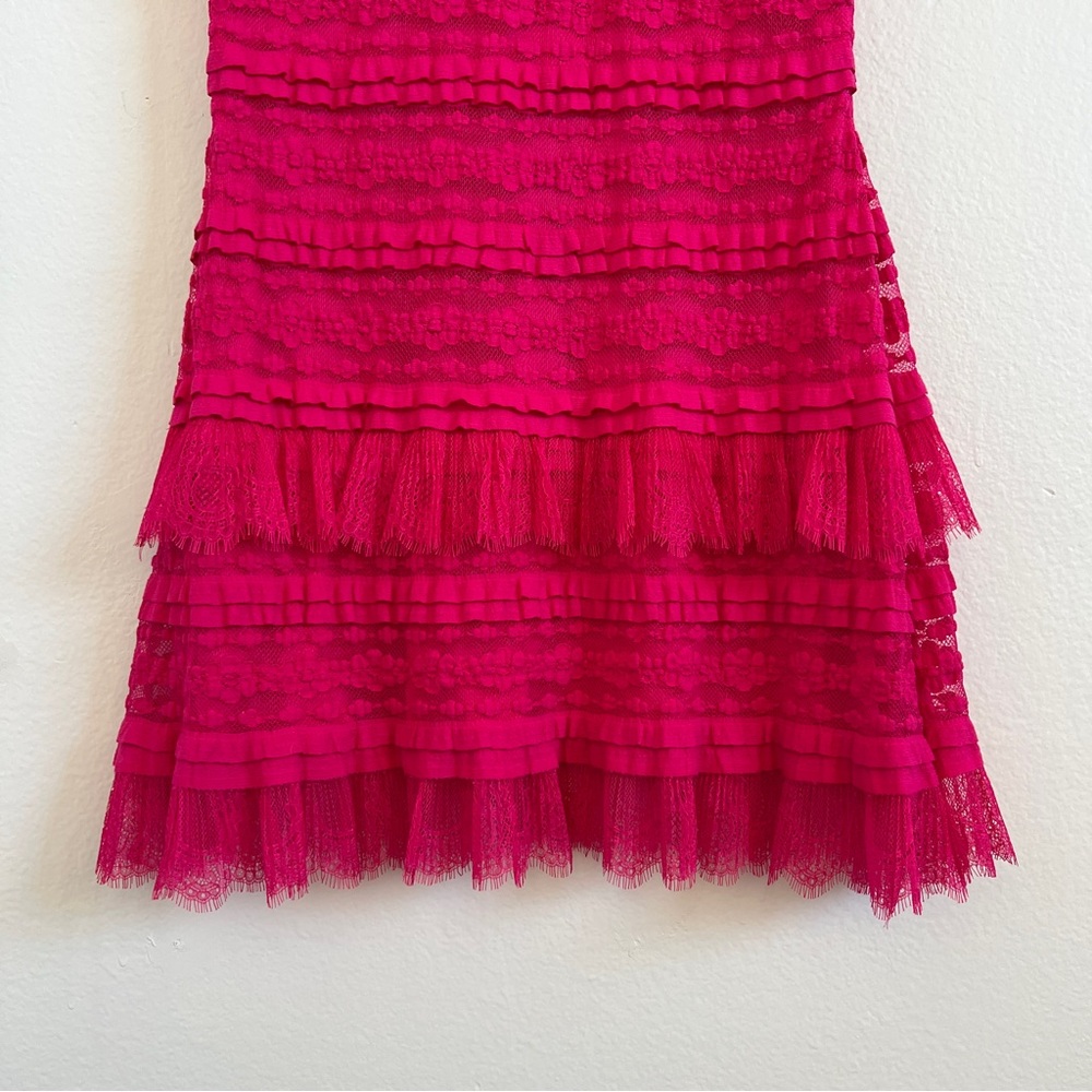 SHO Tadashi Shoji | Hot Pink Tiered Ruffle Lace Mini Dress - Size M - Picture 6 of 8